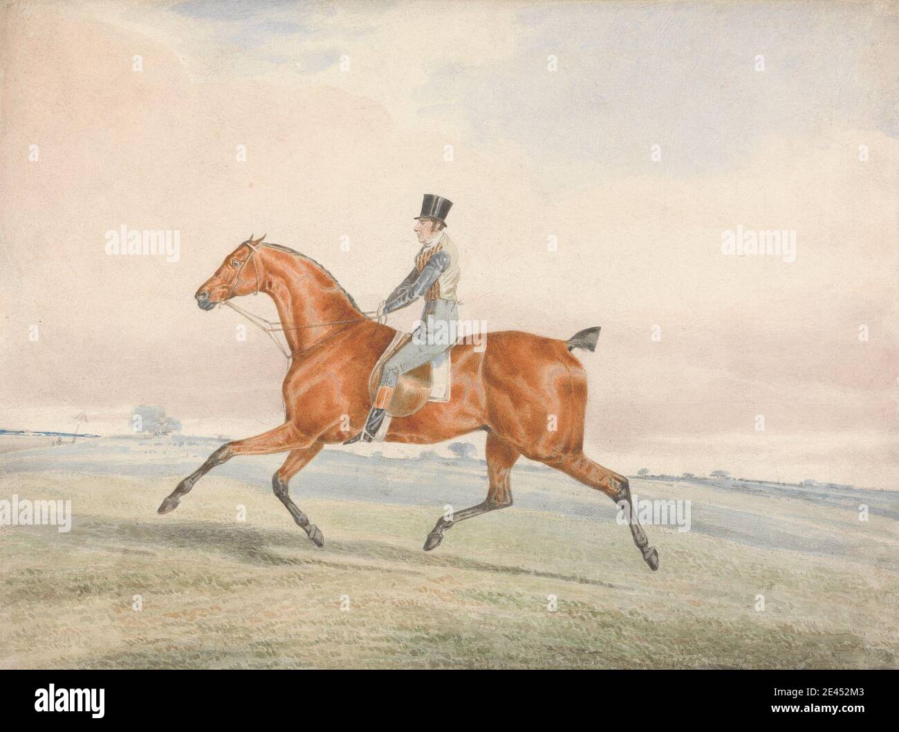 George Alken, 1794â € "aktiv 1837, Briten, die Ausübung eines Racehorse, undated. Aquarell, Graphit, Gouache, und Stift und braune Tinte auf Medium, leicht strukturiert, gebläute weiße, wove Papier. Feld, Pferd (Tier), Pferderennen, Reiter, Reiten, Jockey, Landschaft, Mann, Sportkunst Stockfoto