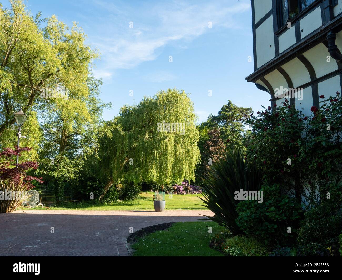 Aldenham, Hertfordshire, England - 20. Mai 2020: Weidenbaum und Gärten von Bhakivedanta Manor. Stockfoto