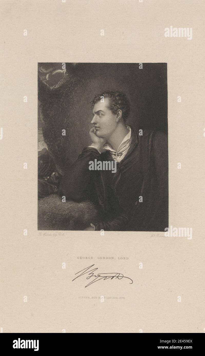 Nach Richard Westall, 1765â € "1836, Briten, George Gordon Byron, sechste Baron Byron, 1829. Strichgravur auf mittelschwerem, leicht strukturiertem, cremefarbenen Wove-Papier. Stockfoto