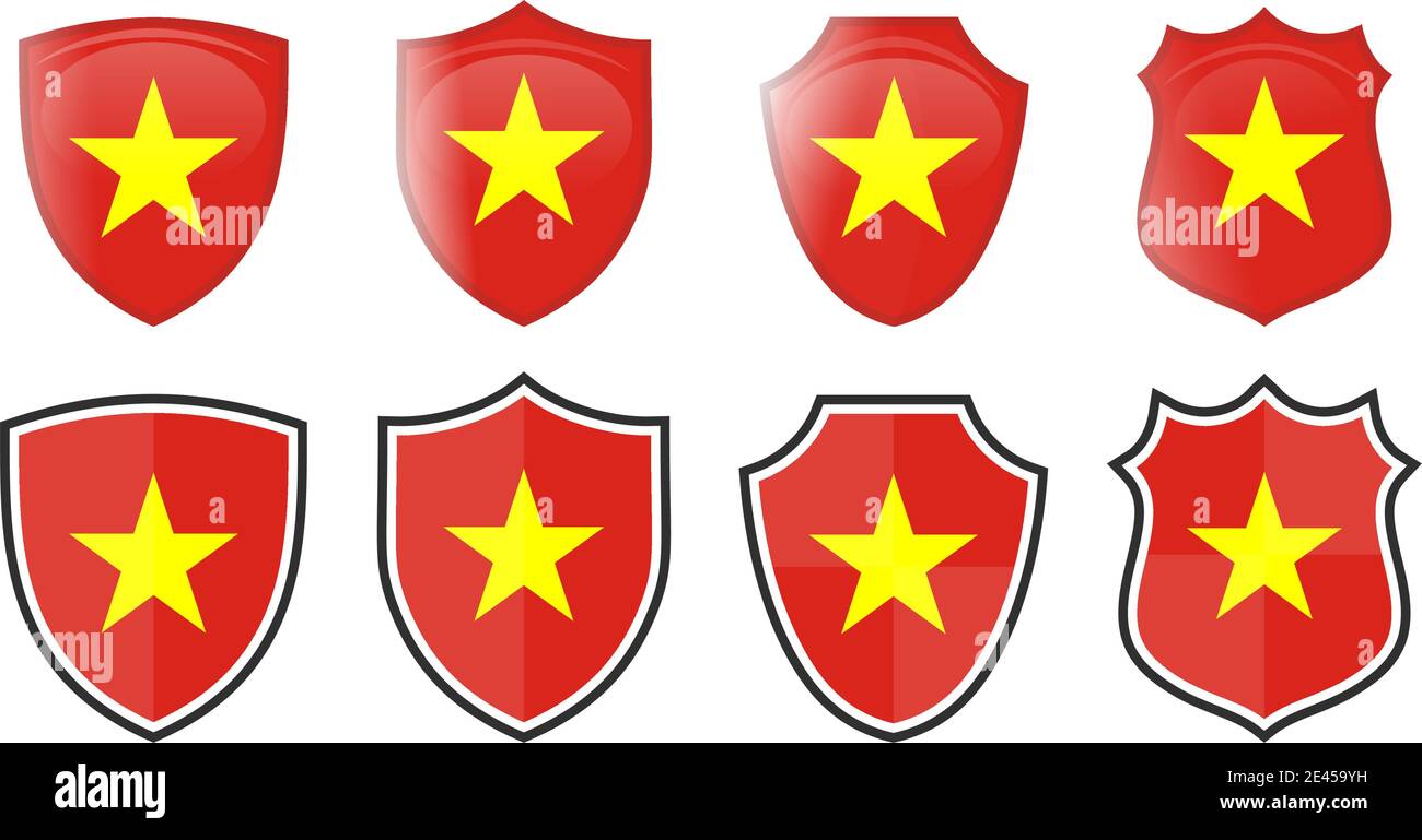Vertikale Vietnam Flagge in Schildform, vier 3d und einfache Versionen. Vietnamesisches Symbol / Zeichen Stock Vektor