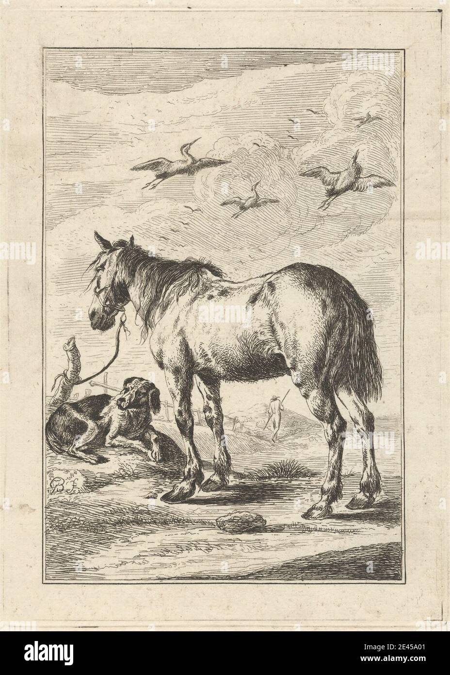 Print made by George Bickham, 1683/4â € "1758, Briten, EIN Pferd und ein Hund, ein Pl. für "EIN neues Zeichenbuch ... der Bestien in verschiedenen Aktionen" (1 von 9), undated. Ätzung auf Medium, glatt, Creme gelegt Papier. Tierkunst, Vögel, Zaumzeug, Wolken, Hund (Tier), Bauernhof, Landwirt, Zäune, Gras, Hügel, Pferde (Tiere), Post, Ruhe, Felsen (Landformen), Personal Stockfoto