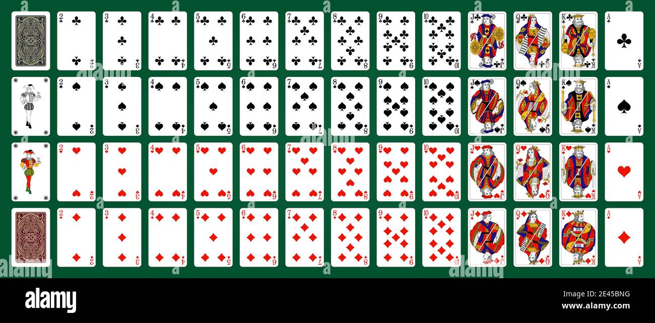 Poker-Set mit isolierten Karten auf grünem Hintergrund. 52 französische Spielkarten mit Jokern. Stock Vektor