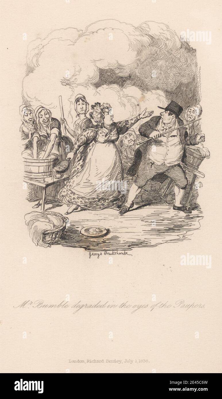 Druck gemacht von George Cruikshank, 1792â € "1878, Briten, Mr. Bumble degradiert in den Augen der Paupers, 1838. Radierung auf mittelschwerem, leicht strukturiertem, cremefarbenen Papier. Stockfoto