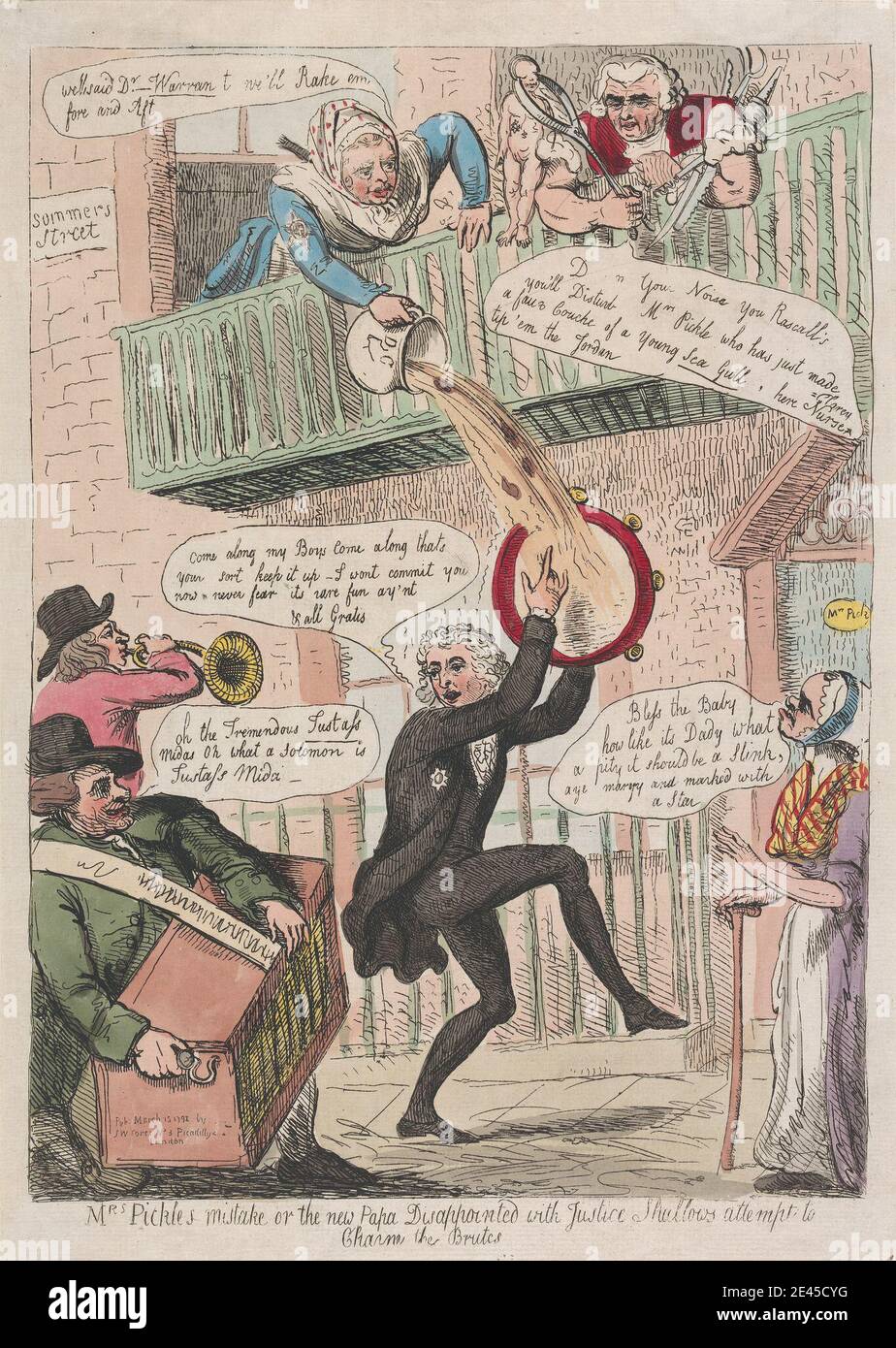 (?) Isaac Cruikshank, 1756â € "1810, Briten, Mrs. Pickles Fehler oder der neue Papa enttäuscht mit Gerechtigkeit Untiefen Versuch, Charme der Brutes, 1791. Radierung, handfarbig. Stockfoto