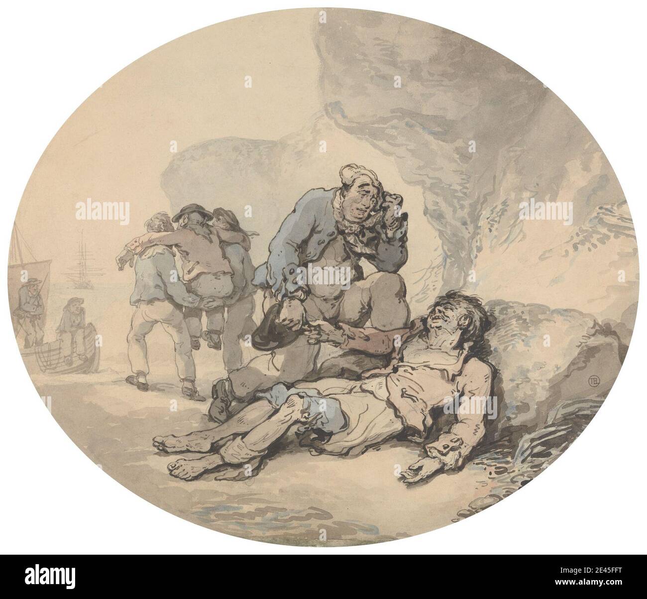 Thomas Rowlandson, 1756â € "1827, Briten, die Sterbenden Sailor, undated. Aquarell mit Stift und schwarzer und grauer Tinte über Graphit auf mäßig dickem, leicht strukturiertem, cremefarbenem, webtem Papier. Boot, Sterben, Genremotiv, Felsen (Landformen), Seefahrer, Schiff, Wasser Stockfoto