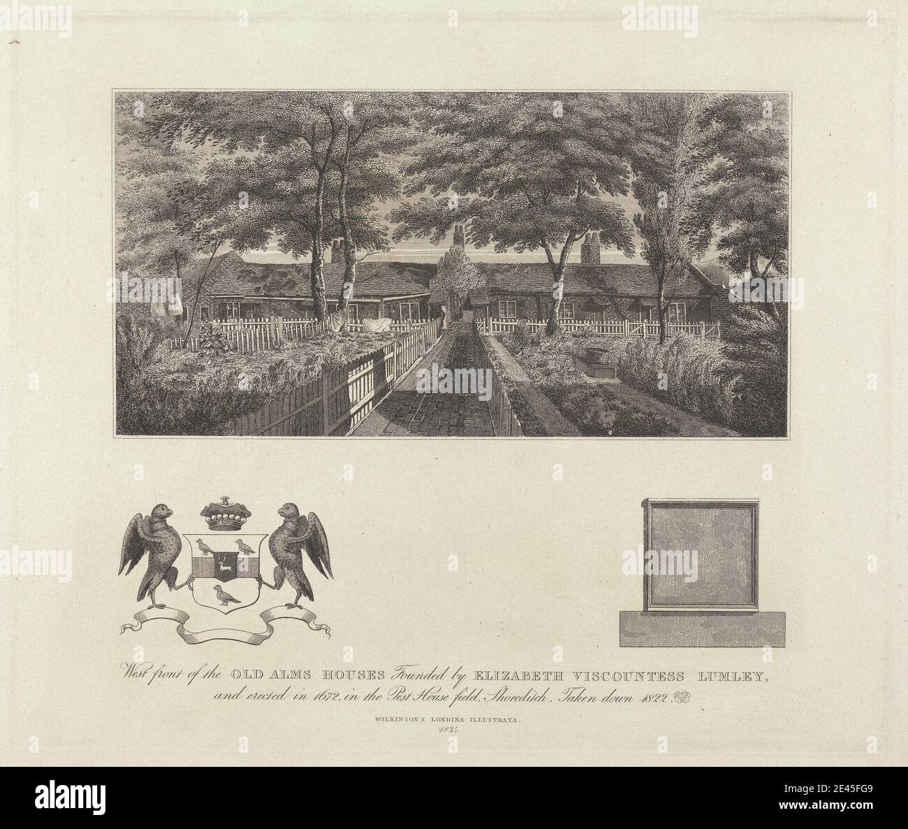 Unbekannter Künstler, neunzehnten Jahrhundert, West Front der alten Alms Häuser, undatiert. Gravur. Stockfoto