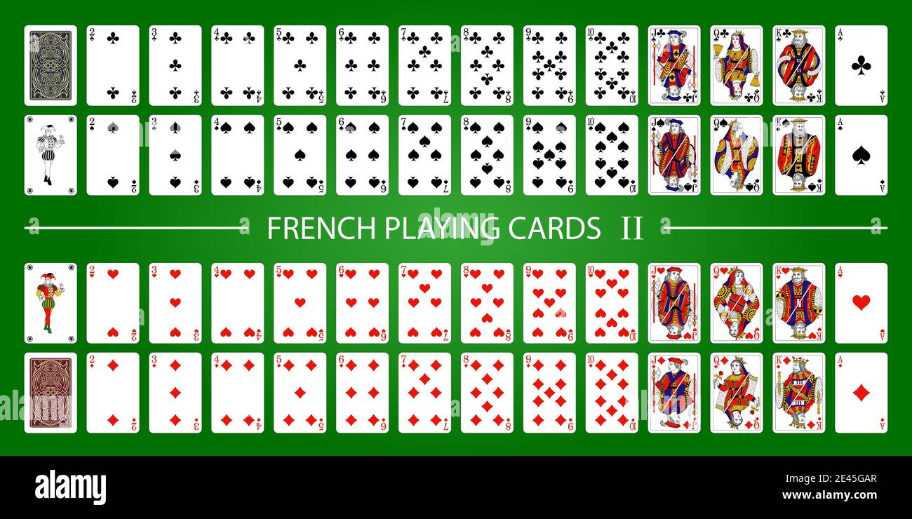 Poker-Set mit isolierten Karten auf grünem Hintergrund. 52 französische Spielkarten mit Jokern. Stock Vektor