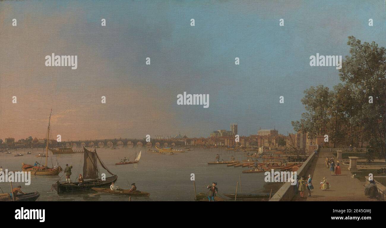 Canaletto, 1697–1768, Venetian, tätig in Großbritannien (1746–55), Westminster von der Nähe der Terrasse des Somerset House, ca. 1750. Öl auf Leinwand. abtei, Boote, Brücke (gebaut Arbeit), Gebäude, Kinder, Kirchen, Stadtbild, Kostüm, Genre Thema, Männer, Fluss, Ruderboote, Segelboote, Terrasse, Türme, Wandern, Frauen. Bankettsaal , City of Westminster , England , Greater London , London , Smith Square , Somerset House , St. John the Evangelist , St. Stephen's Chapel, Palace of Westminster , Thames , Vereinigtes Königreich , Westminster , Westminster Abbey , Westminster Hall. Jones, Inigo (157 Stockfoto