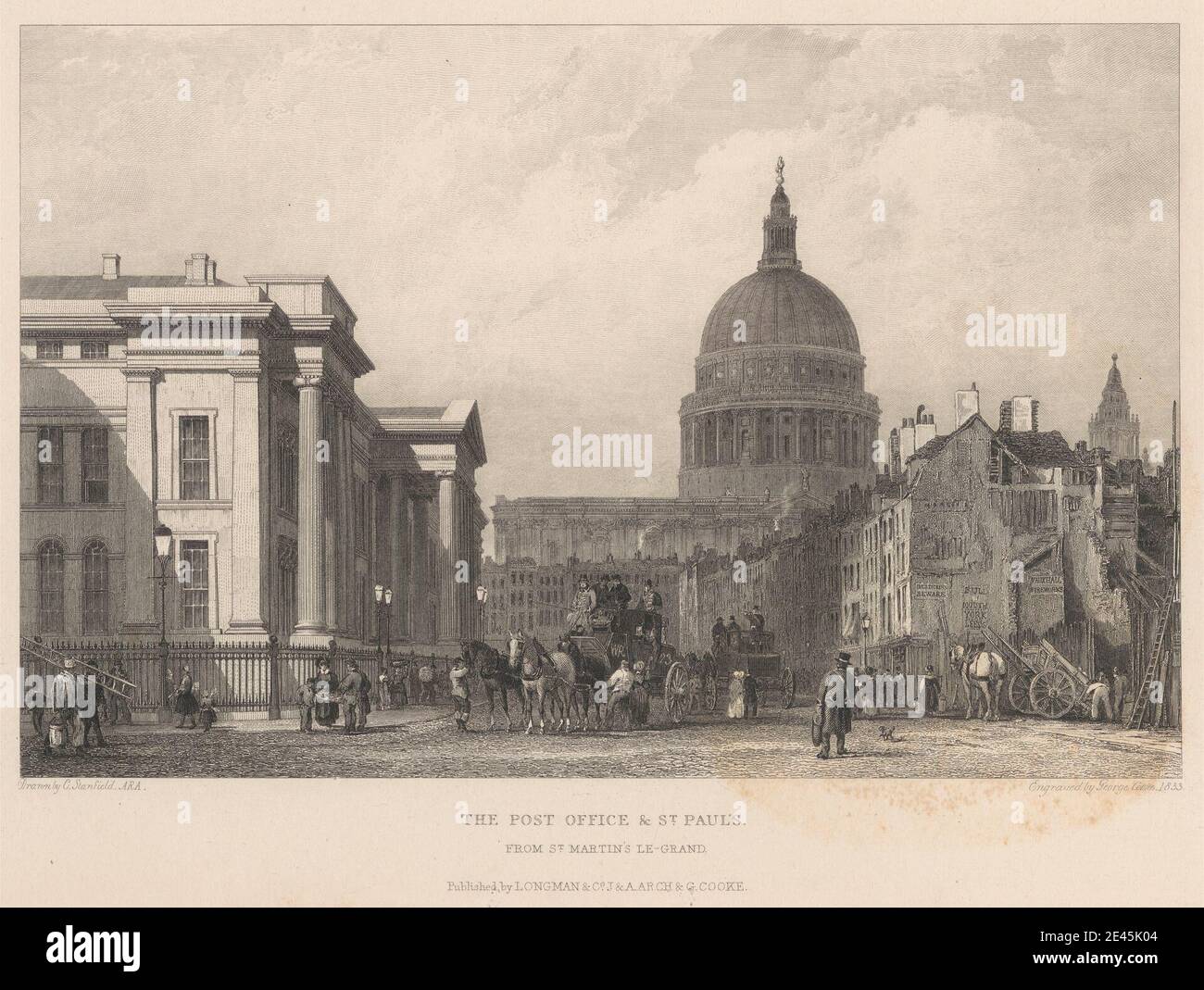 Druck gemacht von George Cooke, 1781â €" 1834, Briten, die Post & St. Paul's, von St. Martin's Le Grand, 1833. Radierung und Liniengravur auf mittelschwerem, leicht strukturiertem, cremefarbenen Papier. Stockfoto