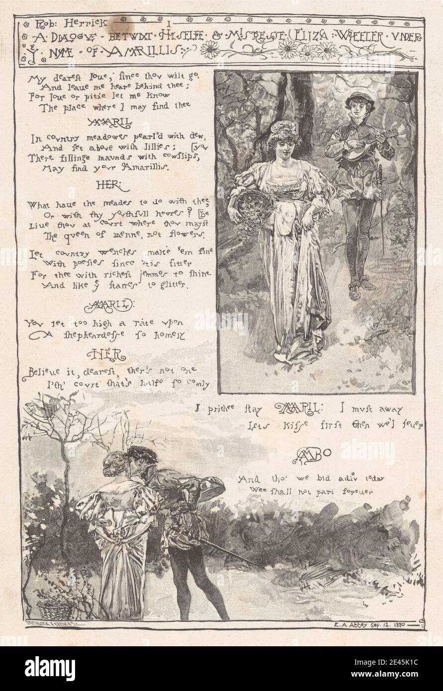 Print made by Edwin Austin Abbey, 1852â € "1911, Amerikaner, EIN Dialog zwischen sich selbst, und Herrin Eliza Wheeler von Robert Herrick, 1880. Linienfotogravur auf mittelschwerem, leicht strukturiertem, cremefarbenen Wove-Papier. Stockfoto