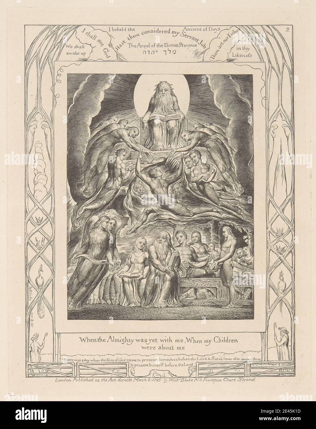 William Blake, 1757â € "1827, britische, Book of Job, Platte 2, Satan vor dem Thron Gottes, 1825. Strichgravur auf mittelschwerem, leicht strukturiertem, cremefarbenen Wove-Papier. Stockfoto