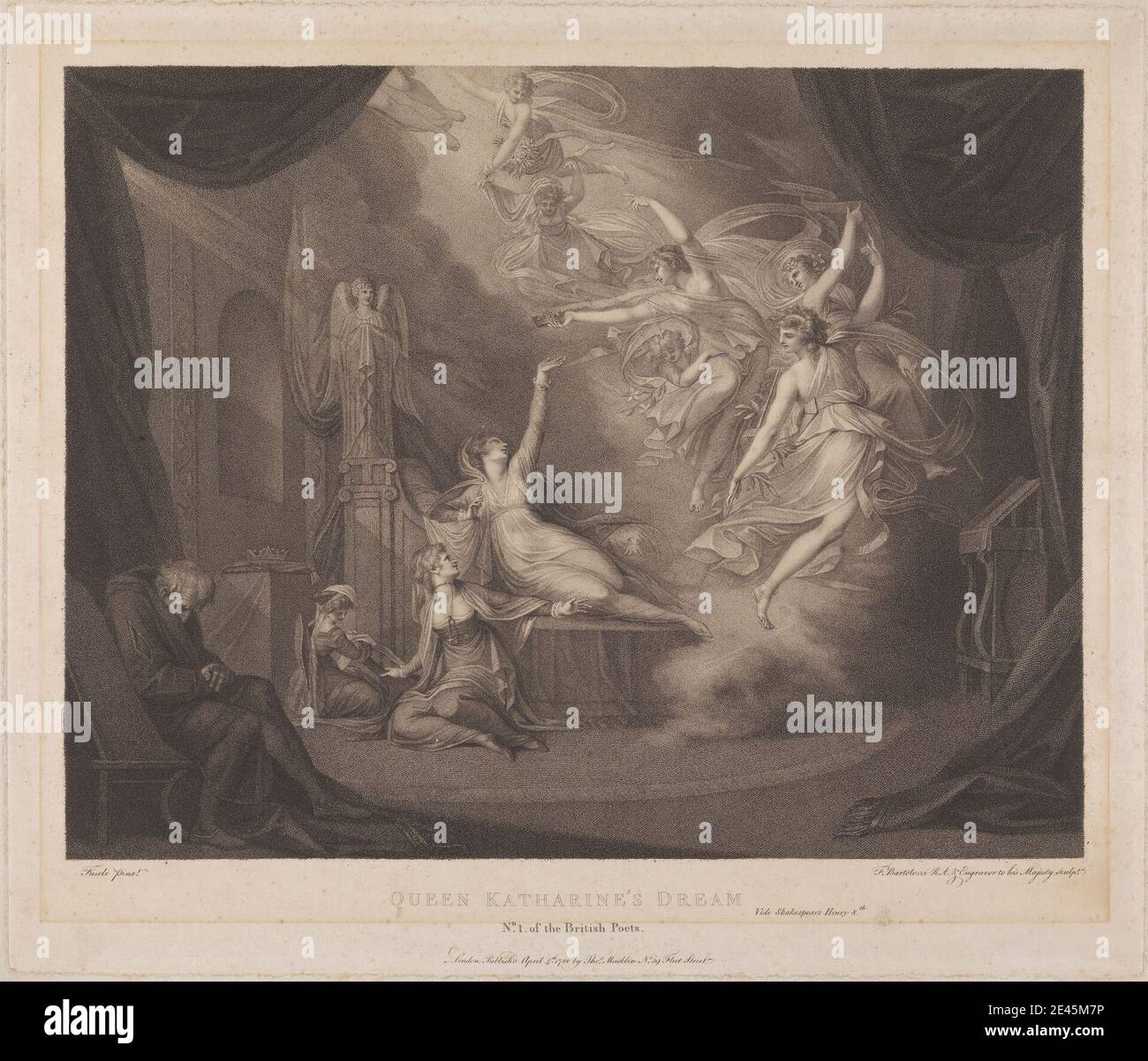 Francesco Bartolozzi RA, 1728â € "1815, Italienisch, aktiv in Großbritannien (1764â € "99), Königin Katherine's Dream - Henry VIII. Gravur, Stich und Radierung. Engel, Bett, Wolken, Krone, Vorhänge, Heinrich VIII., IV. Akt, II. Szene, literarisches Thema. Katherine von Aragon Stockfoto
