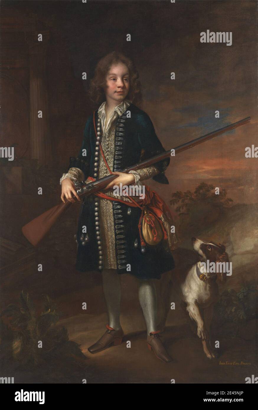 John Closterman, 1660â € "1711, Deutsch, aktiv in Großbritannien (ab 1680), John Poulett, erste Earl Poulett, ca. 1680. Öl auf Leinwand. Junge, Brokat, Knöpfe (Verschlüsse), Spalte (architektonisches Element), Kostüm, Hund (Tier), earl, Stickerei, Jäger, Jagd, Landschaft, Porträt, Gewehr, Schärpe, Strümpfe, Sonnenaufgang, Sonnenuntergang, Weste. Poulett, John, vierte Baron und erste Earl Poulett (c.1668â € “1743), Politiker Stockfoto