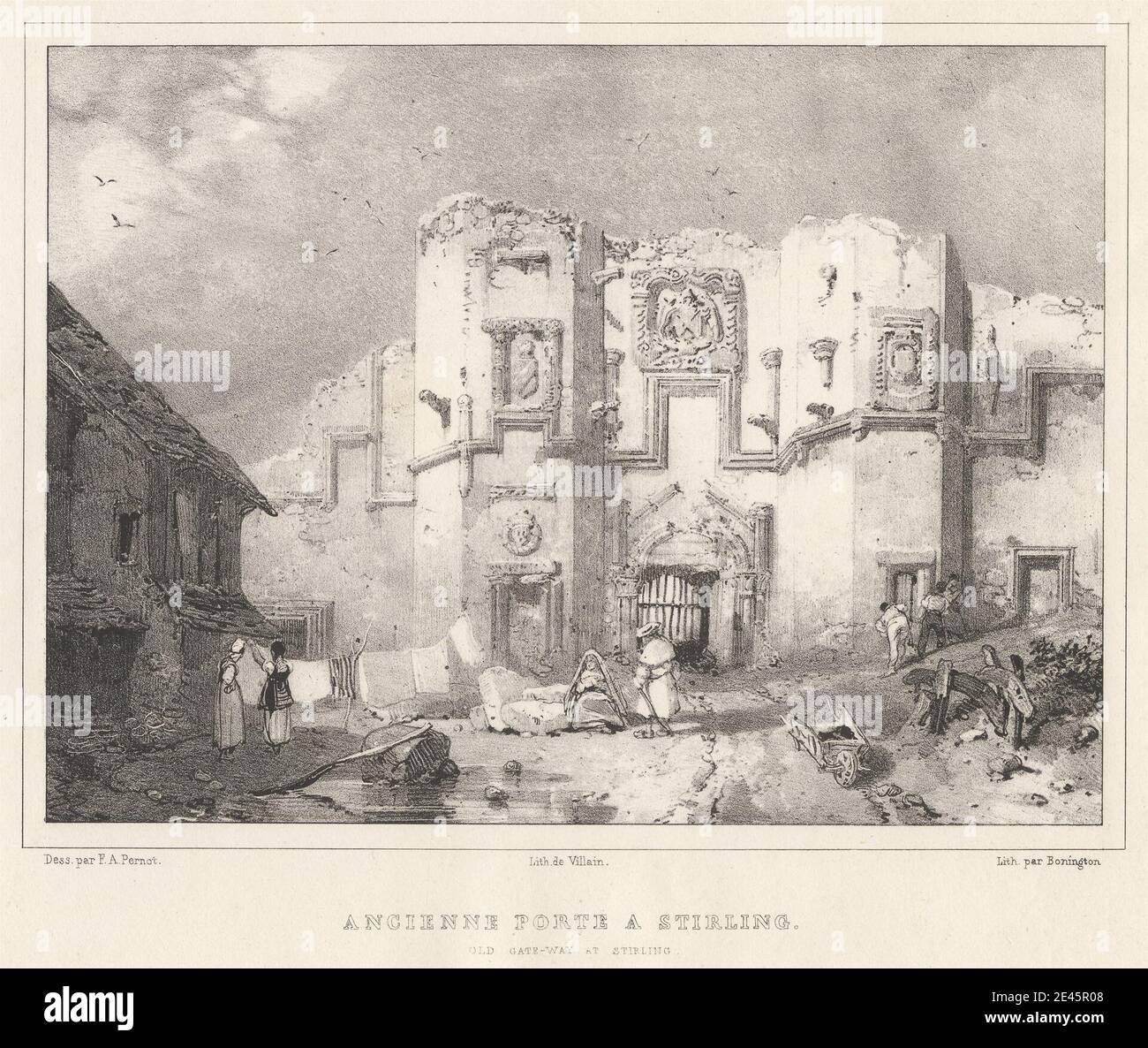 Druck gemacht von Richard Parkes Bonington, 1802â € "1828, Briten, Ancienne Porte a Stirling, 1826. Lithographie auf Medium, glatt, Creme Wove Papier. Bogen, Architektur, architektonische Thema, Vögel, Blöcke, Büsche, Wagen, Wolken, Zäune, Tor, Häuser, Wäscherei, Männer, alte, Bauern, Teich, Felsen (Landformen), Ruinen, Skulptur, Stöcke, Stein, Frauen, Arbeiter. Europa , Schottland , Stirling , Vereinigtes Königreich Stockfoto