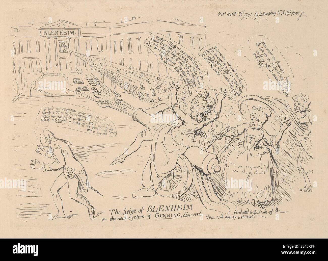 James Gillray, 1757â € "1815, Briten, die Belagerung von Blenheim - oder - das neue System von Gunning entdeckt -, 1791. Gravur. Stockfoto