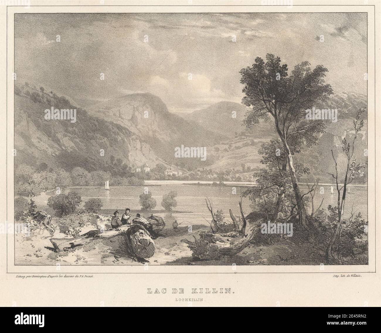 Druck gemacht von Richard Parkes Bonington, 1802â € "1828, Briten, Lac de Killins, 1826. Lithographie auf mäßig dickem, glattem, cremefarbenem Wove-Papier. Gebäude, Wolken, Fischer, Angeln, Hügel, See, Landschaft, Männer, Berge, Pflanzen, Segelboot, Segeln, Sand, Seeleute, Stadt, Bäume, Stämme. Killin , Killin, Loch , Scotland , Stirling , Vereinigtes Königreich Stockfoto