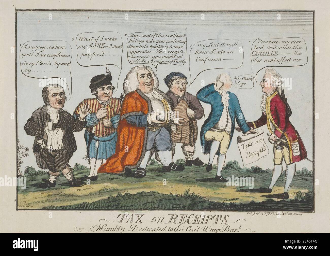 Thomas Colley, aktiv 1780er Jahre, Steuer auf Quittungen, 1783. Radierung, handfarbig. Stockfoto