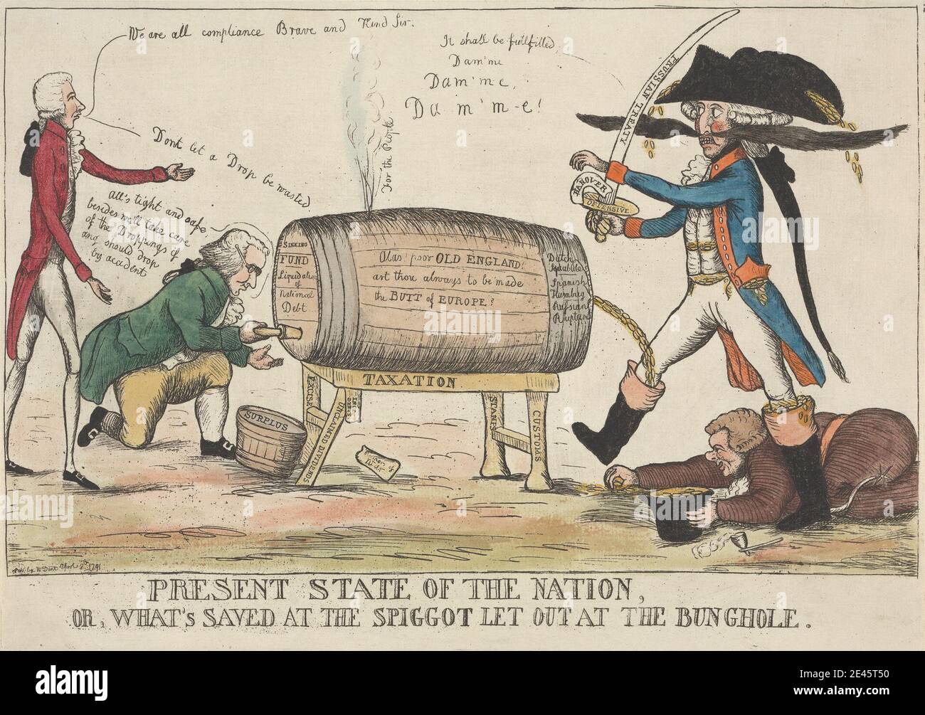 William Dent, aktive 1784â € "1793, Gegenwart Staat der Nation, oder, Was ist am Spiggot Lass sich am Bunghole, 1791. Radierung mit Aquarell auf gedeckten Papier. Stockfoto