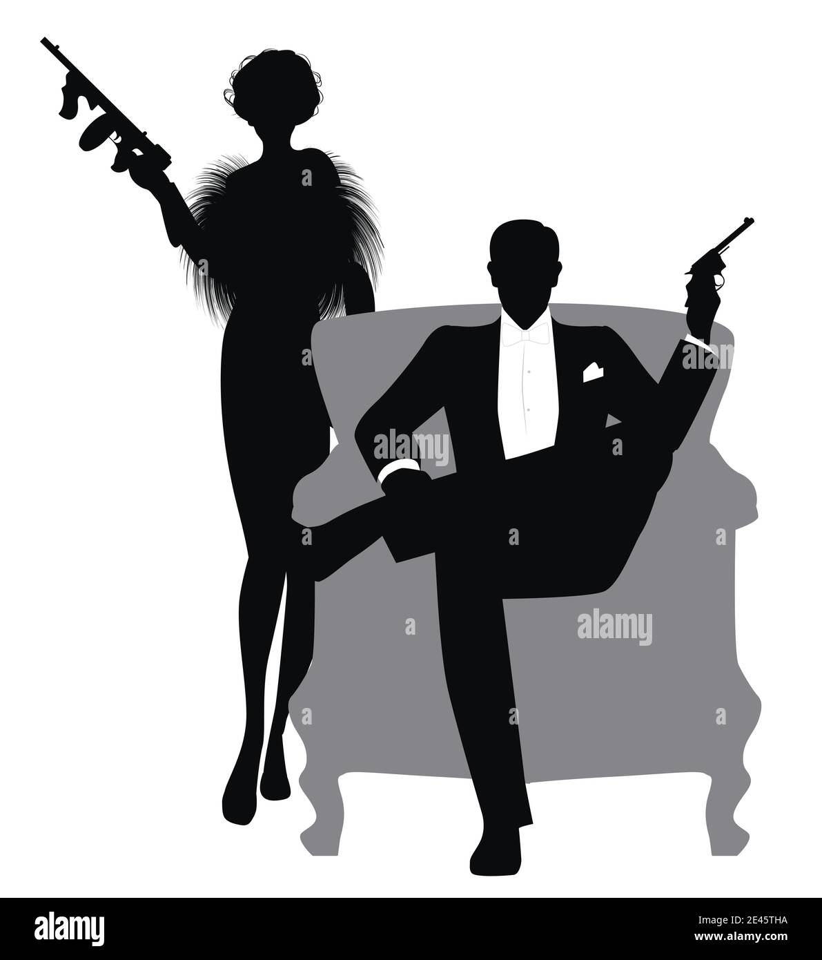 Elegantes kriminelles Paar, bewaffnet mit Pistolen und Maschinenpistolen, trägt Retro-Party-Kleidung. Film Noir Stil. Stock Vektor