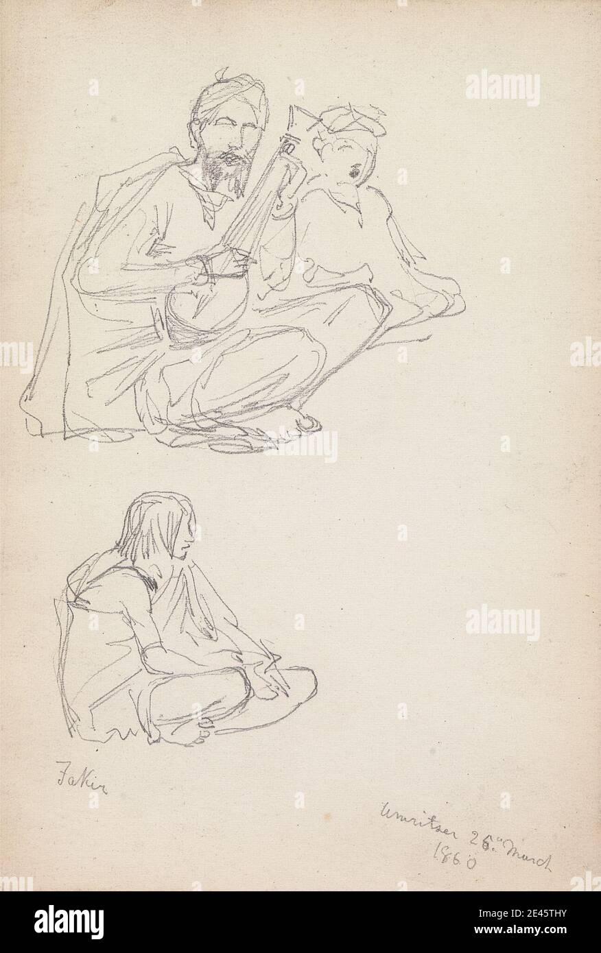 William Simpson, 1823â € "1899, Briten, Musiker und ein Fakir, Amritsar, 25 März 1860, 1860. Graphit auf mittlerem, glattem, cremefarbenem Wove-Papier. Tierkunst, Kamel (Säugetier), Kutsche, Figurenstudie, Genresubjekt, Pferd (Tier), Porträt. Amritsar, Indien Stockfoto