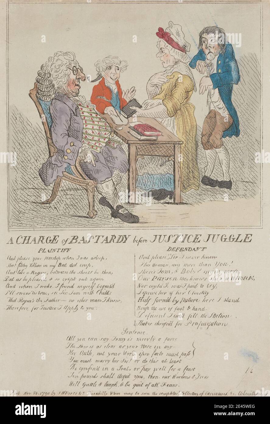 (?) George Moutard Woodward, ca. 1760â €"1809, britische, EINE Gebühr von Bastardy vor Justice jonglieren, 1790. Radierung, handfarbig. Stockfoto