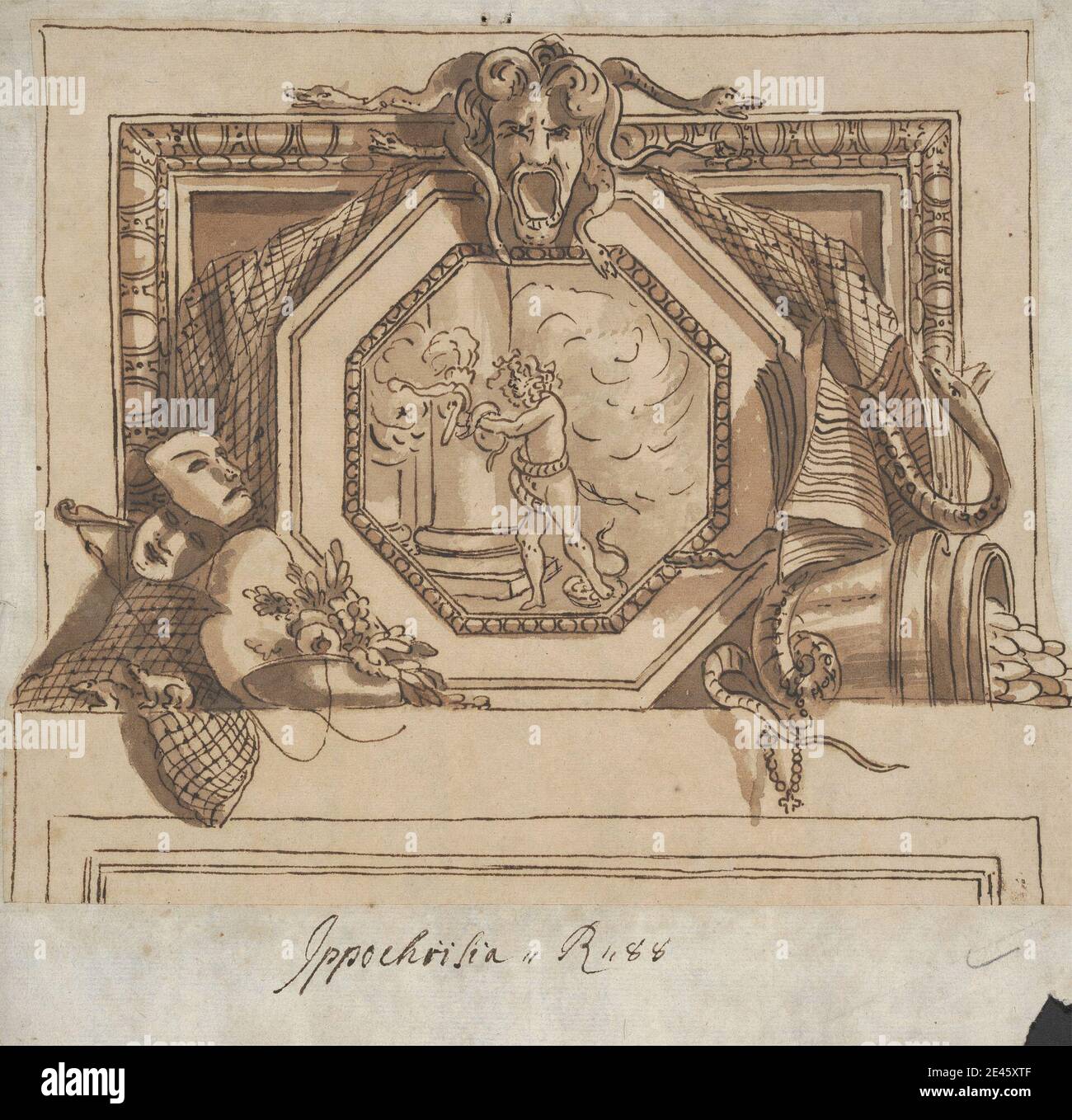 Sir James Thornhill, 1675â € "1734, britische, Design von Apollo und der  Python für eine gemalte über-Tür-Dekoration, undated. Stift und braune  Tinte mit brauner Wäsche auf dünnem, leicht strukturiertem, beigefarbenem  Papier auf