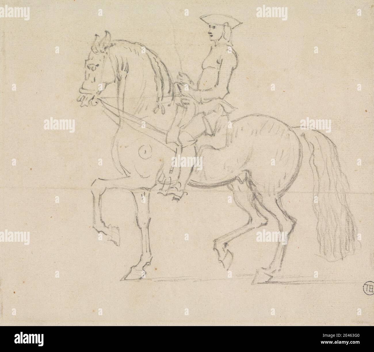 James Seymour, 1702â € "1752, Briten, Rider mit einem Draw-rein, zu Fuß nach links, undated. Graphit auf Medium, leicht strukturiert, creme, getuschtes Papier, aufgezogen, mäßig dick, mäßig strukturiert, beige, webtes Papier. Figurenstudie, Genrethema, Pferd (Tier), Reiter, Reiten, Mann, Zügel, Tricornhüte, Wandern Stockfoto