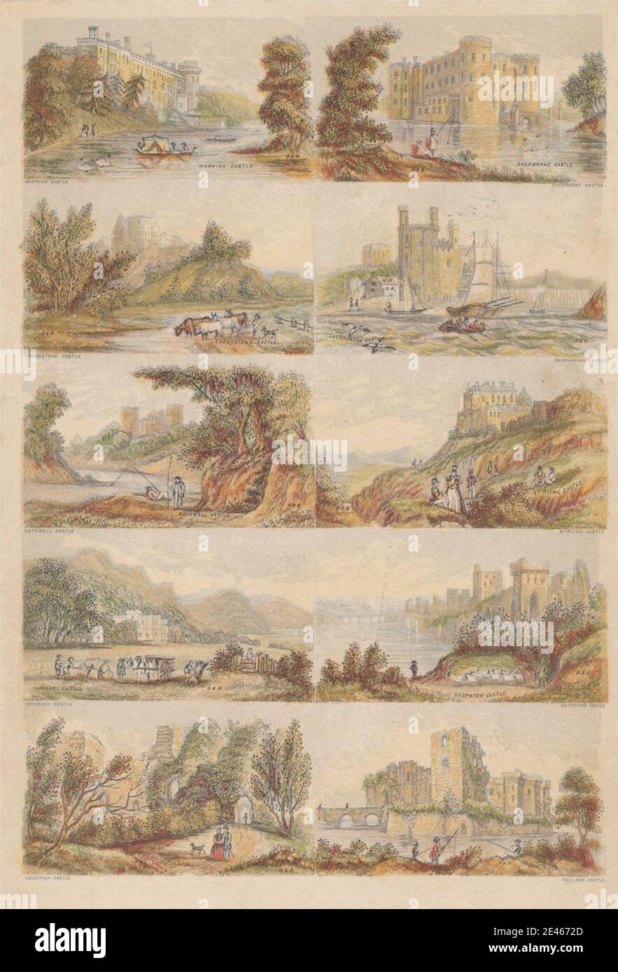 Druck von Bradshaw & Blacklock, aktiv ca. 1850, Britisch, Schlösser in England, nach 1850. Aquatinta, Stippelgravur, Radierung und Farbholzschnitt auf cremefarbenen Karte montiert auf beige Karte. Architektonisches Thema , Vögel , Boote , Brücken (gebaut Werke) , Karren , Burgen , Mäntel , Hunde (Tiere) , Landwirtschaft , Zäune , Angeln , Gärten , Genre Thema , Hüte , Pferde (Tiere) , Jagd, Arbeit, Landschaft, Freizeit, Flüsse, Ruderboote, Segelboote, Schafe, Schwäne, Hüte, Bäume, Wandern, Weizen, Frauen. Avon, Caernarfon Castle, Chepstow Castle, Crookston Castle, England, Goodrich Castle, I Stockfoto