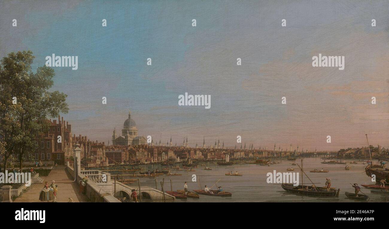 Canaletto, 1697â € "1768, Venetian, aktiv in Großbritannien (1746â € "55), die Stadt von der Nähe der Terrasse von Somerset House, ca. 1750. Öl auf Leinwand. Boote, Brücke (gebaut Arbeit), Gebäude, Kathedrale, Kinder, Kirchen, Stadtbild, Kostüm, Kuppel, Genre Thema, Häuser, Liebhaber, Männer, Fluss, Straße, Ruderboote, Türme, Kirchtürme, Terrasse, Wandern, Frauen. England, Europa, Groß-London, London, London Bridge, Somerset House, St. Paul's Cathedral, Themse, Vereinigtes Königreich Stockfoto