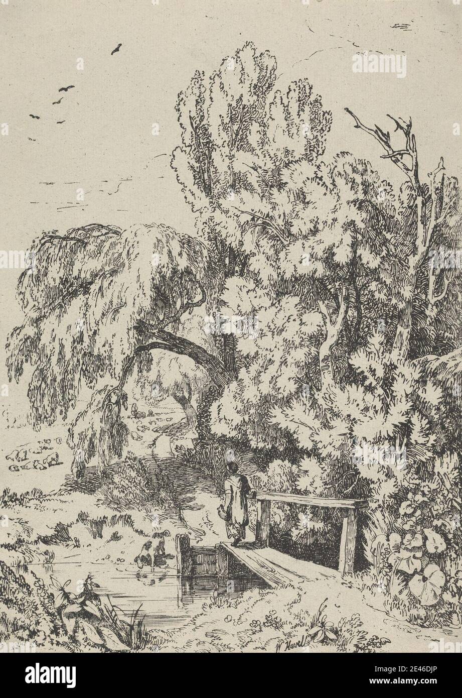 William Havell, 1782â € "1857, Briten, aktiv in Indien (1820â € "26), Landschaft mit Bäumen, Mädchen Crossing a Footbridge, undated. Lithographie auf mäßig dickem, mäßig strukturiertem, grauem Büttenpapier. Schürze, Korb, Vögel, Brücke (Bauarbeiten), Büsche, Kühe, Hund (Tier), Wald, Genresubjekt, Mädchen, Herde, Hügel, Landschaft, Pfad, Pflanzen, Fluss, Felsen (Landformen), Schafe, Bäume, Weiden, Wälder Stockfoto