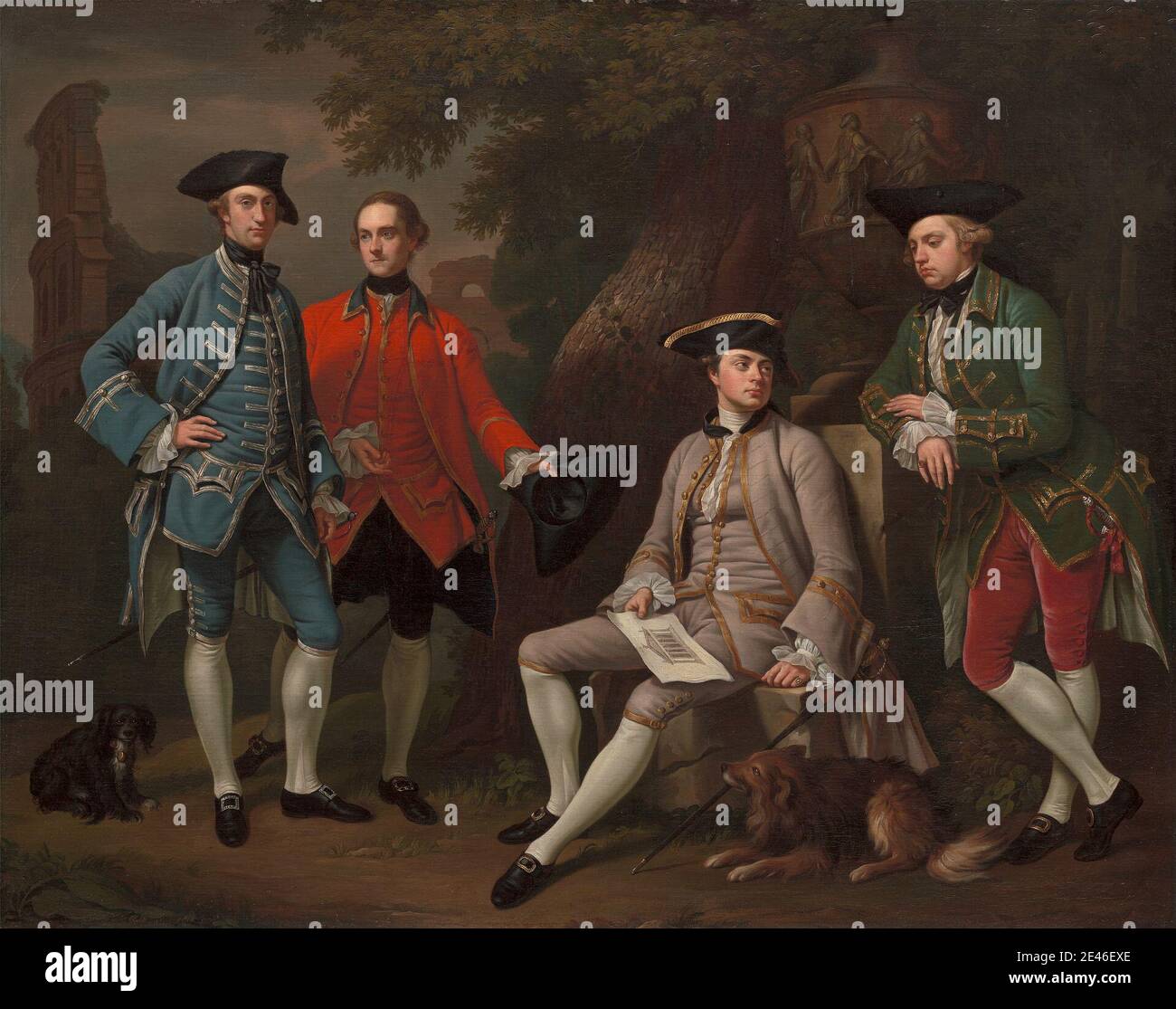 Nathaniel Dance RA, 1735–1811, Brite, James Grant of Grant, John Mytton, The Hon. Thomas Robinson und Thomas Wynne, ca. 1760. Öl auf Leinwand. Amphore, Klassik, Koliken, Gesprächsstück, Kostüm, Hunde (Tiere), Zeichnung, Grand Tour, Grand Tour, Gruppenportrait, Männer, Pläne, Porträt, Relief, Römer, Ruinen, Tempel, Reisen, Urne, Vase. Kolosseum , Italien , Rom , Tempel des Jupiter Stator. Jupiter Robinson, Thomas, zweiter Baron Grantham (1738–1786), Diplomatist Wynne, Thomas (1736–1807), später Baron Newborough Grant, Sir James, von Grant, achter Baronet (1738–1811), agricul Stockfoto