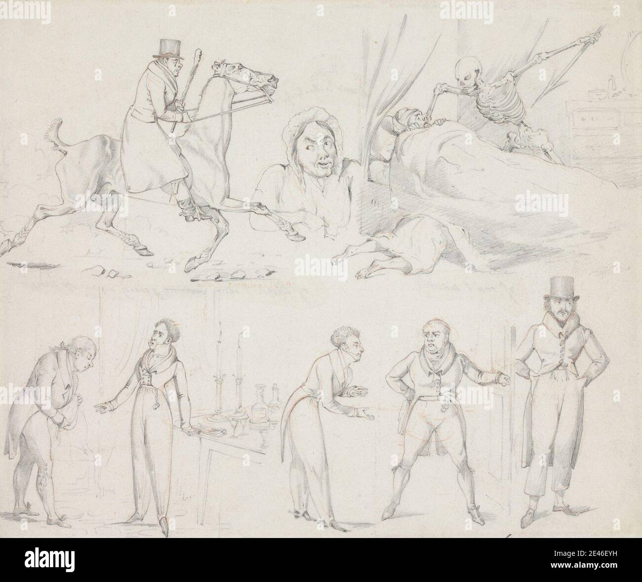 Henry Thomas Alken, 1785â € "1851, Briten, Symptome: Von kann nicht warten, von Come-to-Ther Glass, von Blut & Knochen-Going gegen die Zeit, der reduzierten Liste, von Out of Cash & ein wenig in Schulden an Inn, von in Cash-at an Inn, zwischen 1818 und 1822. Graphit und rote Kreide auf Medium, leicht strukturiert, gebläute weiße, wove Papier. Bett, Kerzen, Genre Thema, Pferd (Tier), Reiter, Reiten, Männer, Menschen, Skelett, Speer Stockfoto