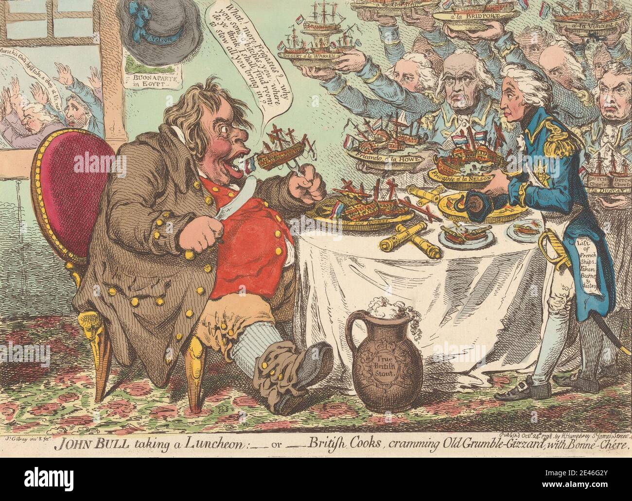 James Gillray, 1757â € "1815, Briten, John Bull, die ein Mittagessen; - oder - britische Köche, Cramming Old Grumble-Gizzard mit Bonne-Chere (aus: Karikatur, Band 1), 1798. Ätzung, handgefärbt. Abendessen, Essen, Mahlzeit Stockfoto