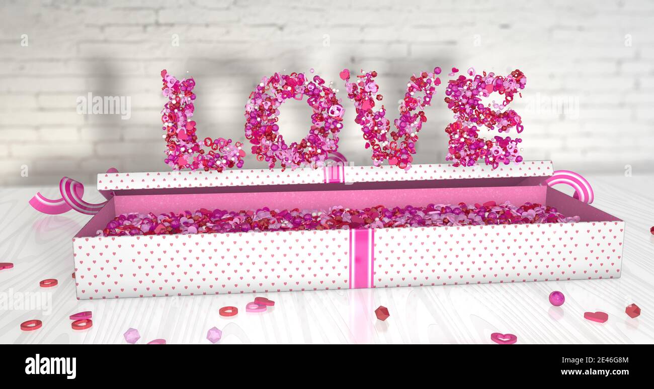 WORTLIEBE aus kleinen roten, rosa und weißen Herzen und Kugeln auf einer offenen Geschenkbox mit rosa Herzen auf einem reflektierenden weißen Holztisch ausgekleidet. 3D-Il Stockfoto