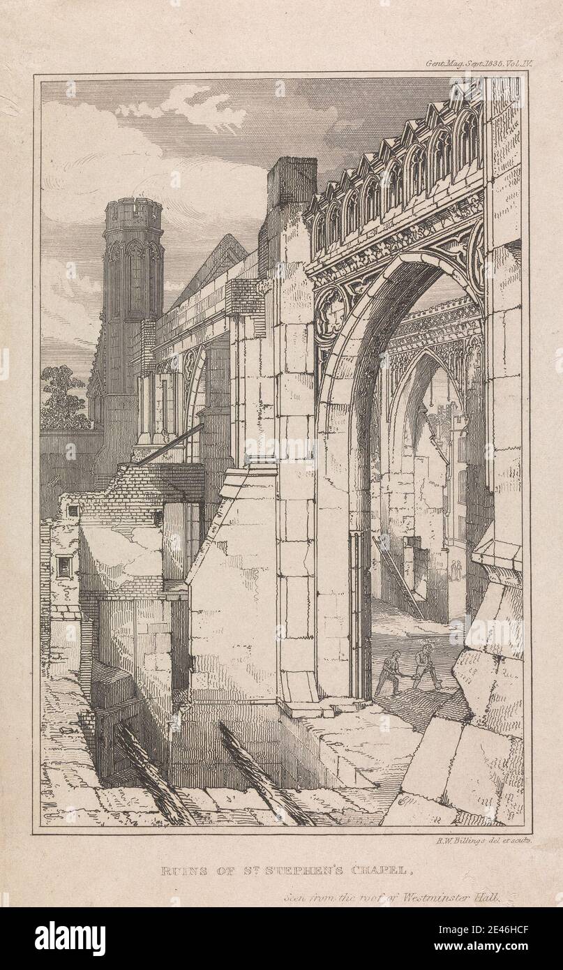 Print made by Robert William Billings, 1813â € "1874, britische, Ruinen der St. Stephen's Chapel, gesehen vom Dach der Westminster Hall, 1835. Liniengravur auf glattem, mäßig dickem, weißem Wove-Papier. Architektonisches Motiv, Kirche, Außenansicht, Ruinen. City of Westminster , England , House of Commons , London , Palace of Westminster , St. Stephen's Chapel, Palace of Westminster , Vereinigtes Königreich Stockfoto