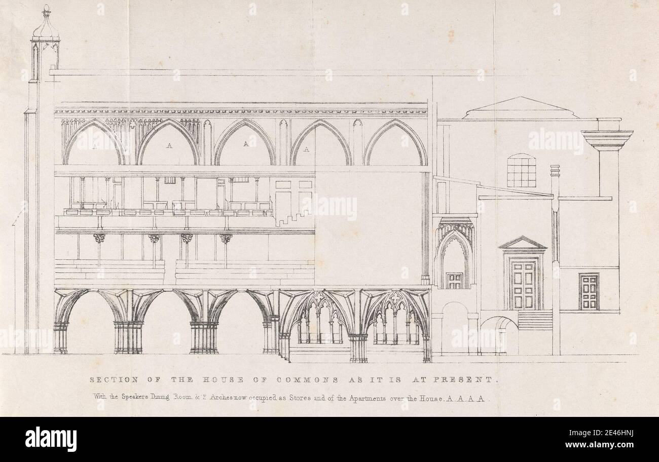 Unbekannter Künstler, neunzehnten Jahrhundert, Sektion des House of Commons, wie es derzeit ist, ca. 1800. Lithographie auf glattem, mäßig dickem, weißem Gewebenpapier mit vier Falzmarken. Architektonisches Motiv, Kirche, Sektion. City of Westminster , England , House of Commons , London , Palace of Westminster , St. Stephen's Chapel, Palace of Westminster , Vereinigtes Königreich Stockfoto