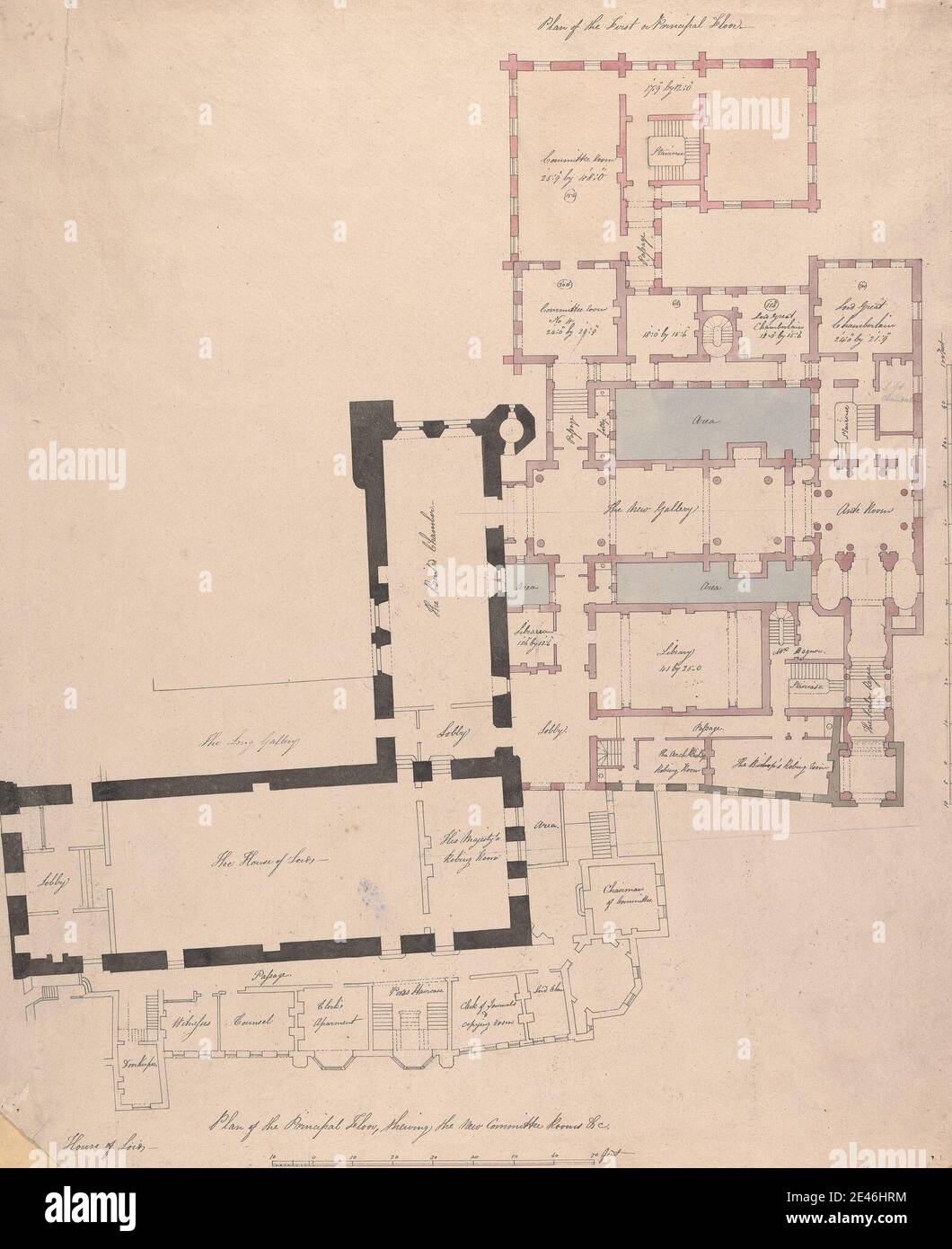 Zugeschrieben Büro von Sir John Soane, 1753â € "1837, britische, Plan der Hauptgeschichte, die neue Ausschuss Zimmer & c, House of Lords, ca. 1794. Graphit, Feder und schwarze Tinte, Aquarell auf mäßig strukturierter, mäßig dicker, weiß gewebt Papierstab Skala von 1/14 Zoll bis 1 Fuß. Architektonisches Thema, Plan (formales Konzept). City of Westminster , England , London , Palace of Westminster , Vereinigtes Königreich Stockfoto