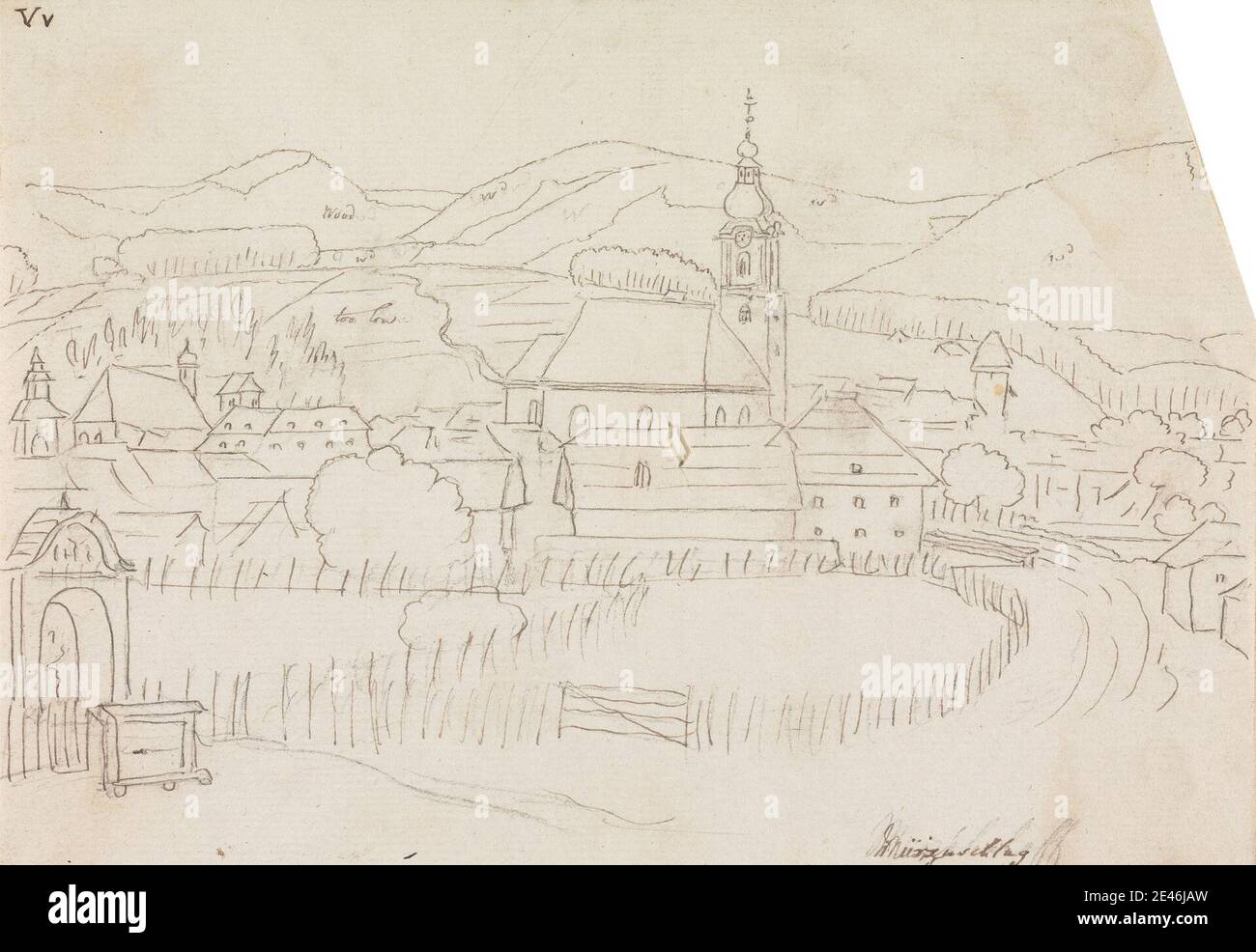 Henry Swinburne, 1743â € "1803, britische, MÃ¼rzzuschlag, Österreich, 1779. Feder und braune Tinte, über Graphit auf Medium, mäßig strukturiert, gebläut weiß, Papier gelegt, aufgezogen, mäßig dick, leicht strukturiert, creme, gewebt Papier. Stockfoto