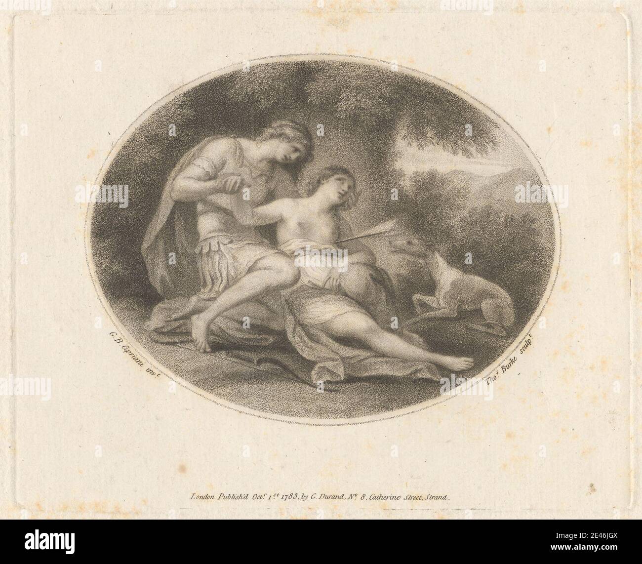 Druck gemacht von Thomas Burke, 1749â € "1815, Briten, Cephalus und Procris, 1783. Stipple Gravur auf mäßig dicken, leicht strukturierten, cremefarbenen Papier gelegt. Rüstung, Pfeile, Bogen, Umhang, Cephalus versehentlich tötet Procris, Weinen, Tod, Hund (Tier), Sterben, griechische Mythologie, Speer, Berge, Mythologie, oval, religiöse und mythologische Thema, Traurigkeit, Toga, Bäume, Wunde. Procis Cephalus Stockfoto