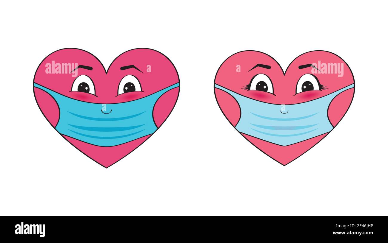 Emojis der Herzen in Masken und Handschuhen. Valentinstag. Haltestelle Covid-19. Stock Vektor