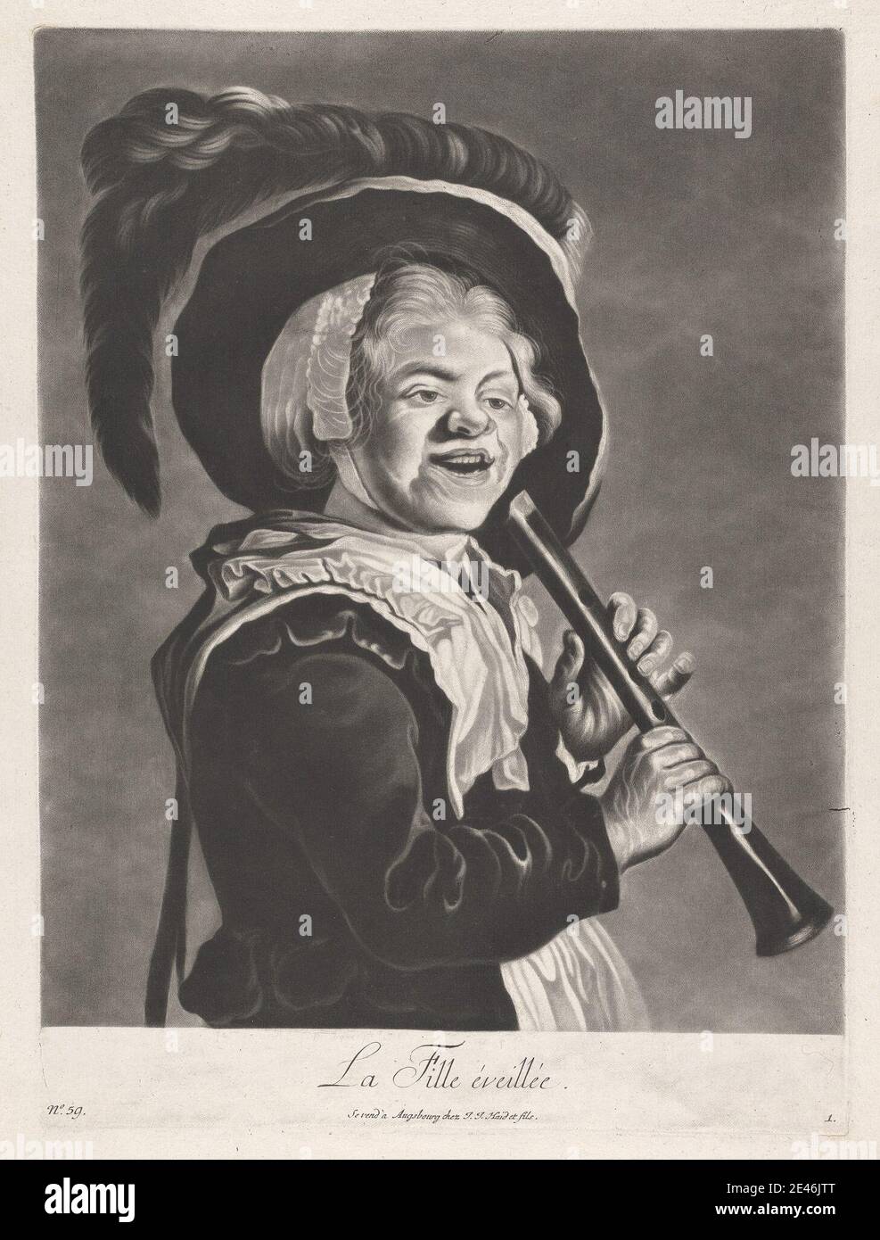 Druck gemacht von Johann Jacobus Haid, 1704â € “1767, La fille Ã©veillÃ©e, undated. Mezzotint auf mäßig dickem, leicht strukturiertem, cremefarbenen Papier. Kragen, Federn, Flöte, Genremotiv, Hut, Horn, Lachen, Musik, Musiker, Pfeife, Spielen, Rüschen, Lächeln, Frau Stockfoto