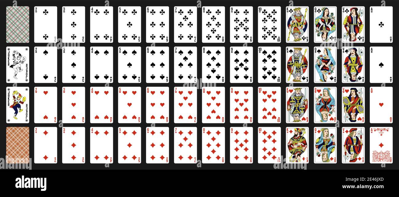52 russische Spielkarten mit Jokern. Poker-Set mit isolierten Karten auf  schwarzem Hintergrund. Poker Spielkarten, volles Deck Stock-Vektorgrafik -  Alamy