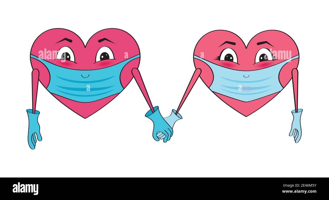 Vektor-Illustration von Herzen in Masken und Handschuhen. Valentinstag. Haltestelle Covid-19 Stock Vektor
