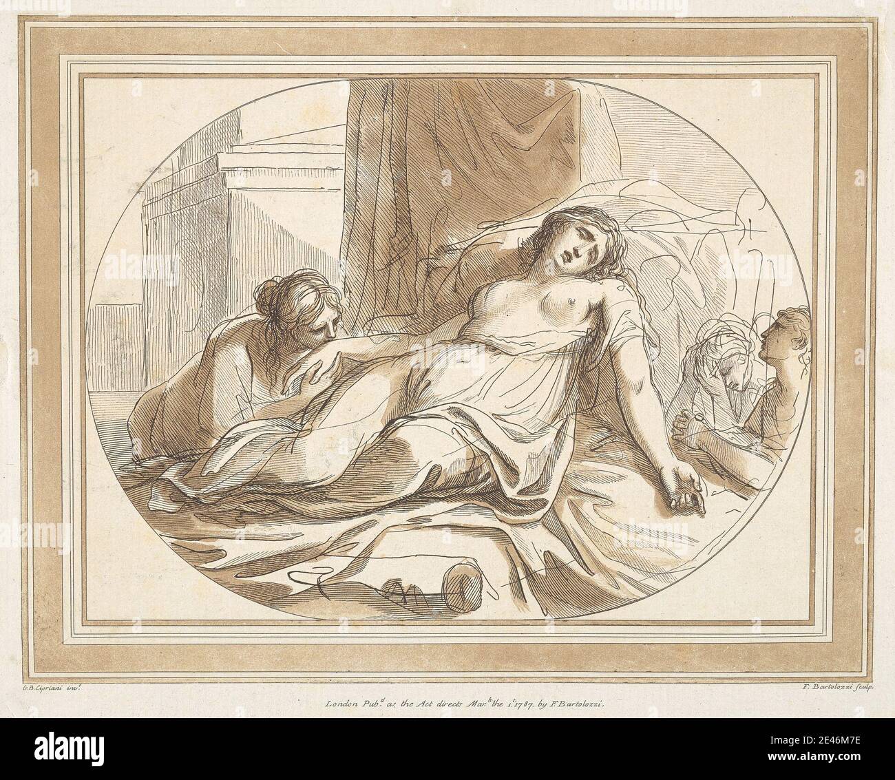 Francesco Bartolozzi RA, 1728â € "1815, Italienisch, aktiv in Großbritannien (1764â € "99), Frau sterben auf einem Bett, ein Mann und zwei Frauen trauern sie, 1787. Gravur. Stockfoto