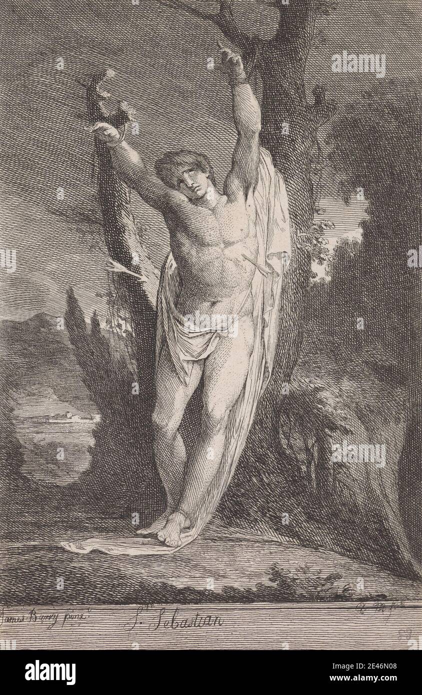 Druck gemacht von James Barry, 1741â €"1806, Irisch, St. Sebastian, undated. Ätzung auf mäßig dickem, leicht strukturiertem, beigefarbenem Papier. Pfeile, blutend, christlich, drapiert, sterbend, Blick, Hügel, Haus, Märtyrer, religiöses und mythologisches Thema, heiliger, Hl. Sebastian, gebunden an einen Baum oder eine Säule, wird von Pfeilen durchbohrt, gebunden, Baum, Wald, Wunde. St. Sebastian (d. ca. 288), christlicher heiliger und Märtyrer Stockfoto