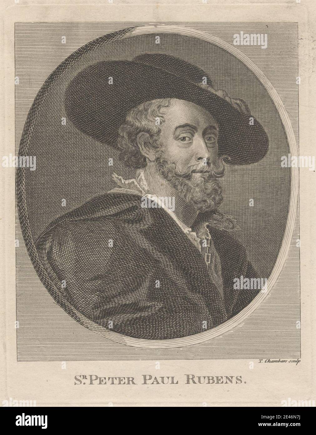 Druck von Thomas Chambars, ca. 1724–1789, britischer Sir Peter Paul Rubens, undatiert. Ätzung auf mäßig dickem, glattem, cremefarbenem Wove-Papier. Künstler, Bart, Kette, Mantel, Kragen, Feder, Blick, Hut, Mann, Schnurrbart, oval, Maler, Porträt, Posen. Rubens, Sir Peter Paul (1577–1640), Maler Stockfoto