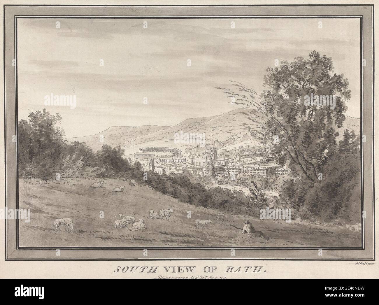 Druck von John Robert Cozens, 1752–1797, Britisch, Südansicht von Bath, 1773. Radierung, handfarbig mit grauer Wäsche auf mäßig dickem, leicht strukturiertem, beigefarbenem Papier. Architekturmotiv, Stadt, Stadtbild, Herde, Genremotiv, Gras, Hut, Hügel, Landschaft, Freizeit, Schafe, Schäferhund, Hirtengehege, Bäume, Arbeit. Bath , Bath und Northeast Somerset , England , Europa , Vereinigtes Königreich Stockfoto