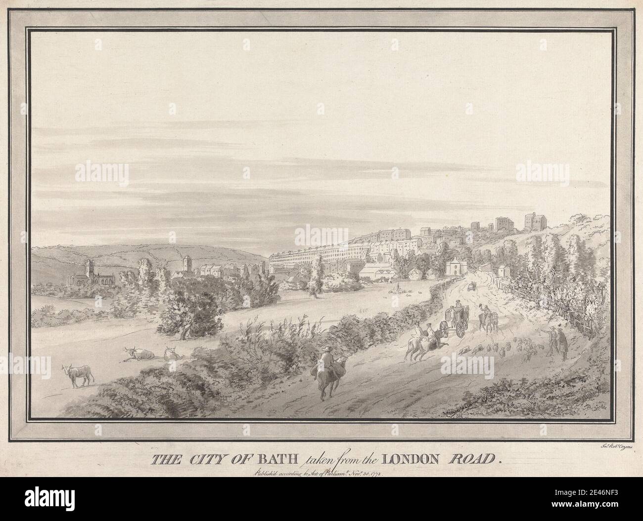 Druck von John Robert Cozens, 1752–1797, British, The City of Bath taken from the London Road, 1773. Radierung, handgefärbt mit grauer Wäsche auf mäßig dickem, leicht strukturiertem, beigefarbenem Papier. Kutschen, jagen, Kirche, Stadtbild, Kühe, Hunde (Tiere), Zäune, Felder, Genregegenstand, Weiden, Pferde (Tiere), Häuser, Landschaft, Straße, Diener, Schafe, Himmel, Bäume, Dreispitz, Arbeiten. Bath , Bath und Northeast Somerset , England , Europa , Vereinigtes Königreich Stockfoto