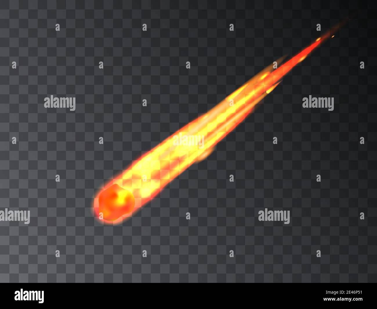 Fallender Meteor, Meteorit. Vektor-Illustration von brennenden Feuerball Kometen, Asteroid isoliert auf transparentem Hintergrund. Fallender Sternstein brennt in Th Stock Vektor