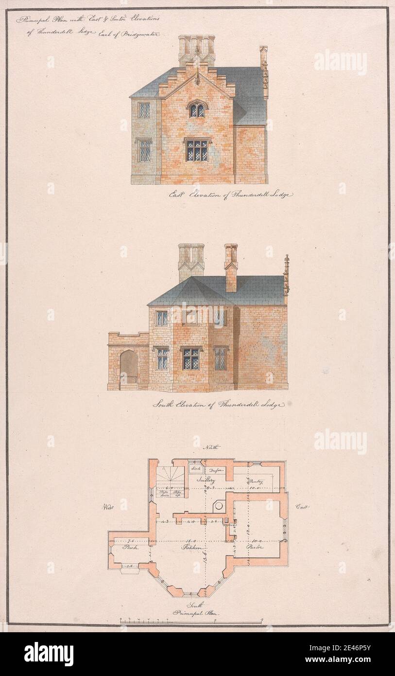 Studio of Sir Jeffry Wyatville, 1766–1840, British, Principle with East and South Elevations of Thunderdell Lodge, Earl of Bridgewater, undated. Stift, schwarze Tinte, Graphit und Aquarell auf mäßig dickem, leicht strukturiertem, cremefarbenen Papier. Architektonisches Motiv Stockfoto